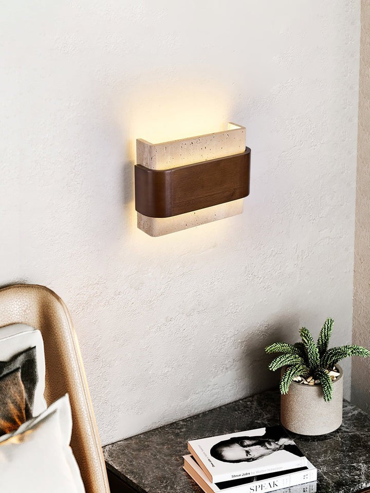 Travertine LED Wall Sconce with Walnut Accents