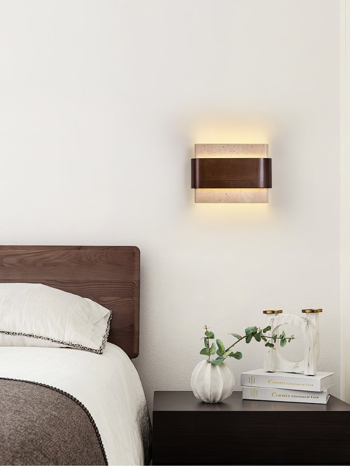Travertine LED Wall Sconce with Walnut Accents