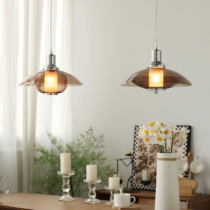 UFO-Inspired Chrome Pendant with Amber Glass Shade