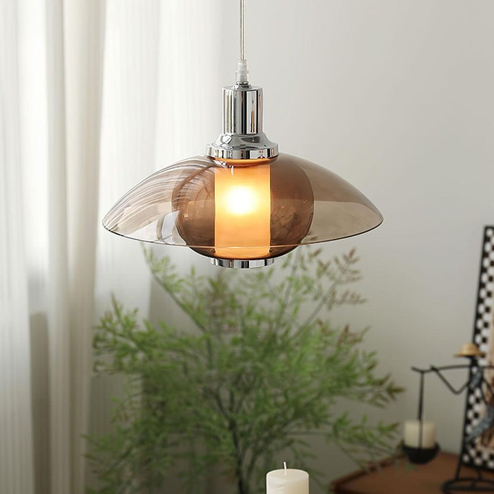 UFO-Inspired Chrome Pendant with Amber Glass Shade