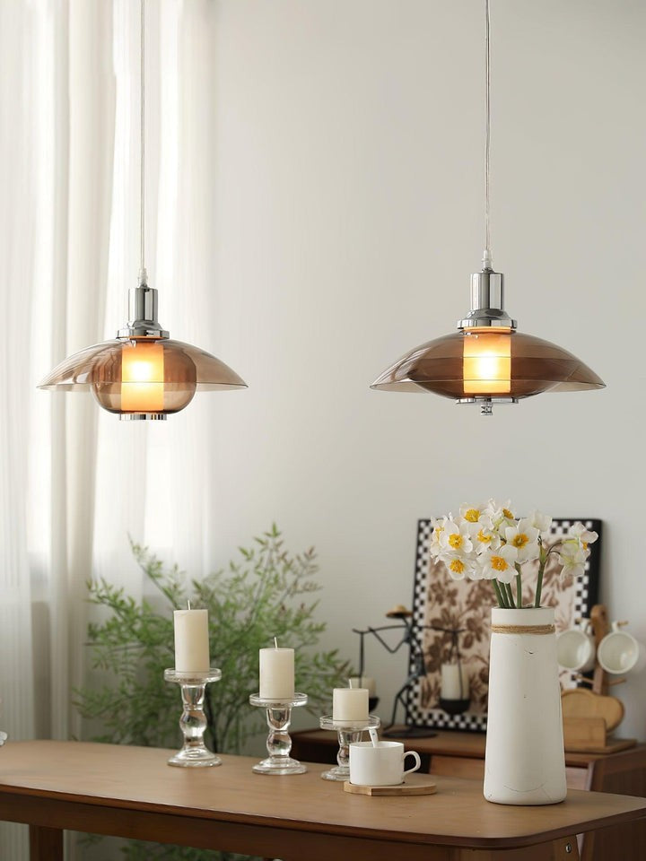UFO-Inspired Chrome Pendant with Amber Glass Shade