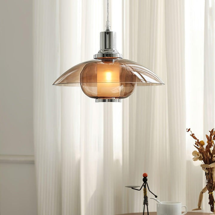 UFO-Inspired Chrome Pendant with Amber Glass Shade