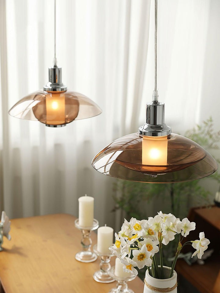 UFO-Inspired Chrome Pendant with Amber Glass Shade