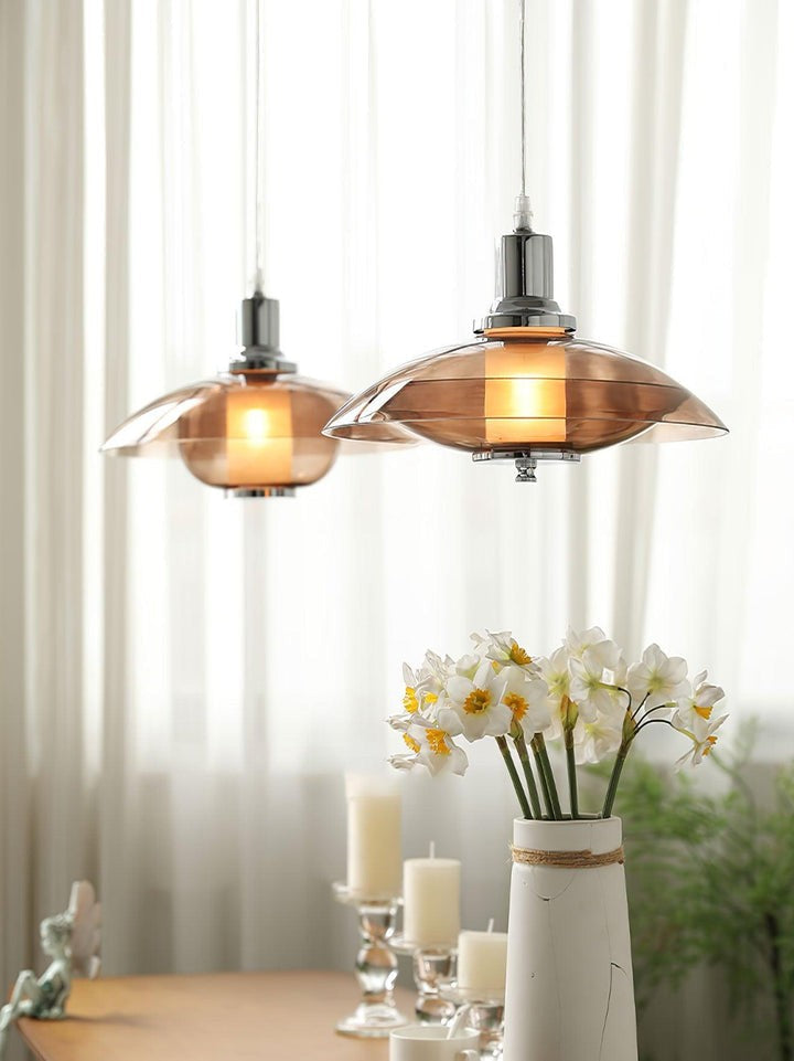 UFO-Inspired Chrome Pendant with Amber Glass Shade