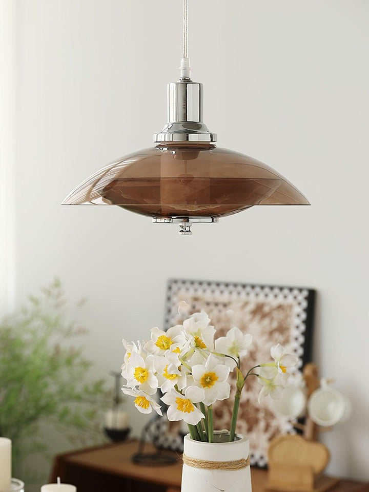 UFO-Inspired Chrome Pendant with Amber Glass Shade