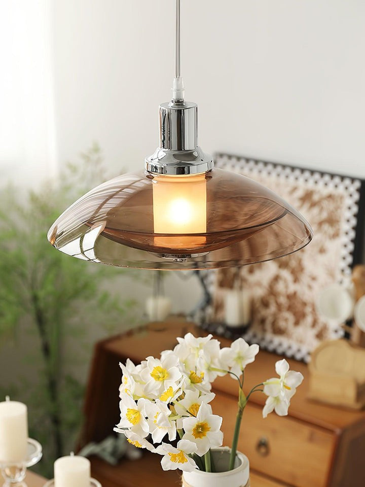 UFO-Inspired Chrome Pendant with Amber Glass Shade