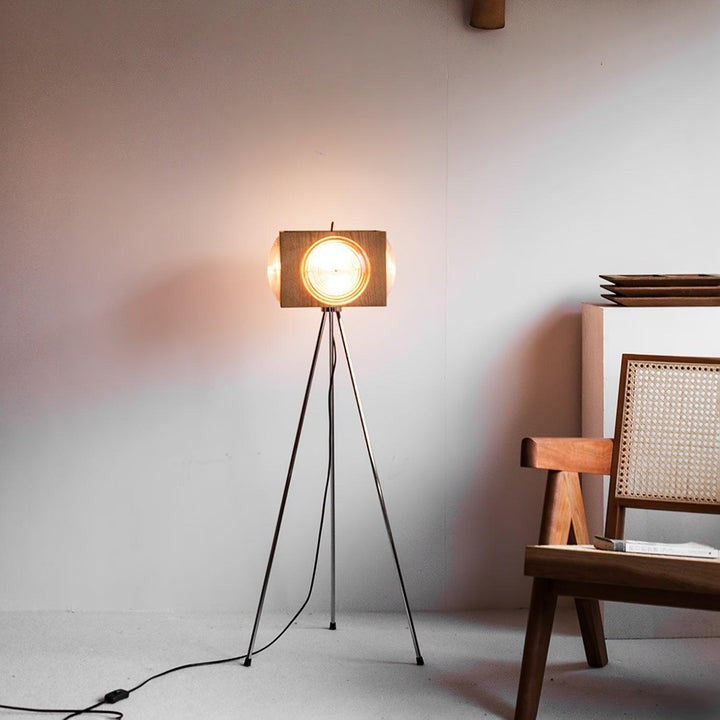 Vintage Camera Tripod Floor Lamp with Glass Shade