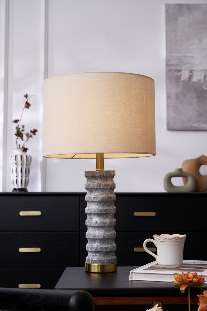 Wave-Textured Marble Table Lamp with Brass Accent