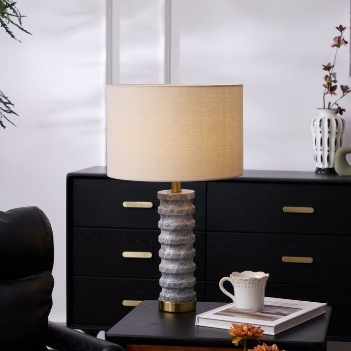 Wave-Textured Marble Table Lamp with Brass Accent