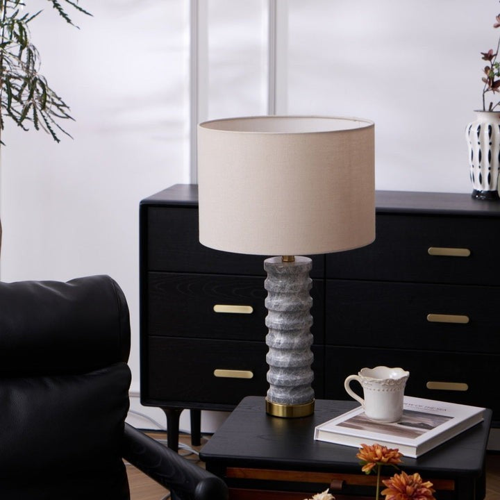 Wave-Textured Marble Table Lamp with Brass Accent