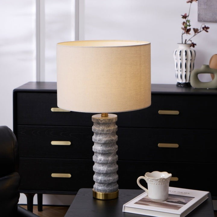 Wave-Textured Marble Table Lamp with Brass Accent
