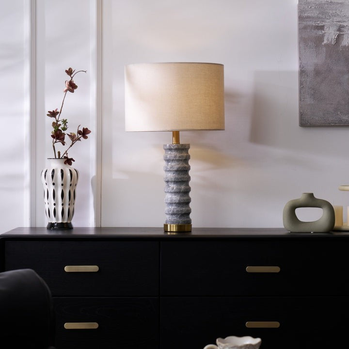 Wave-Textured Marble Table Lamp with Brass Accent