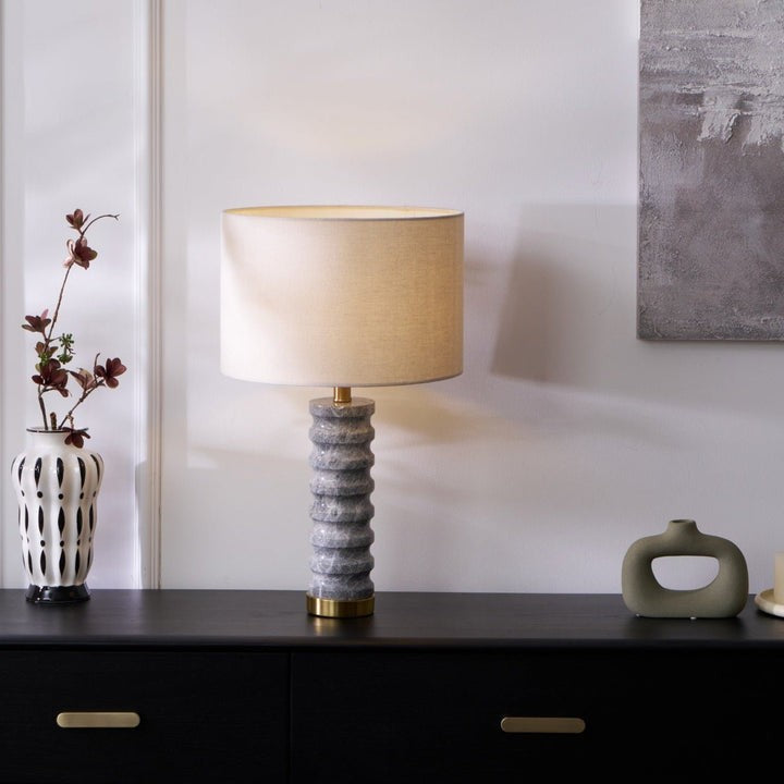 Wave-Textured Marble Table Lamp with Brass Accent