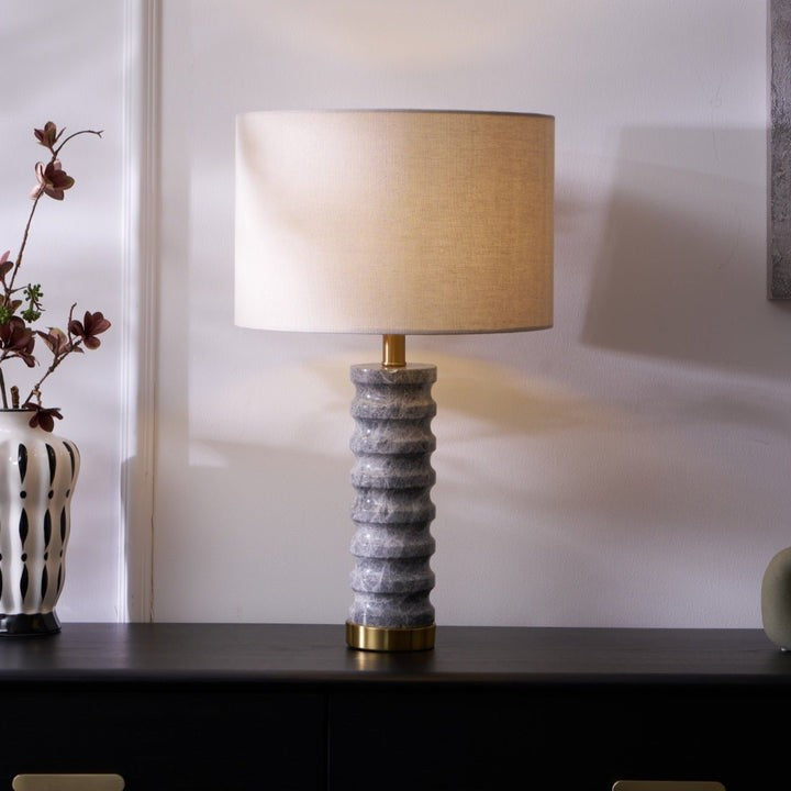 Wave-Textured Marble Table Lamp with Brass Accent