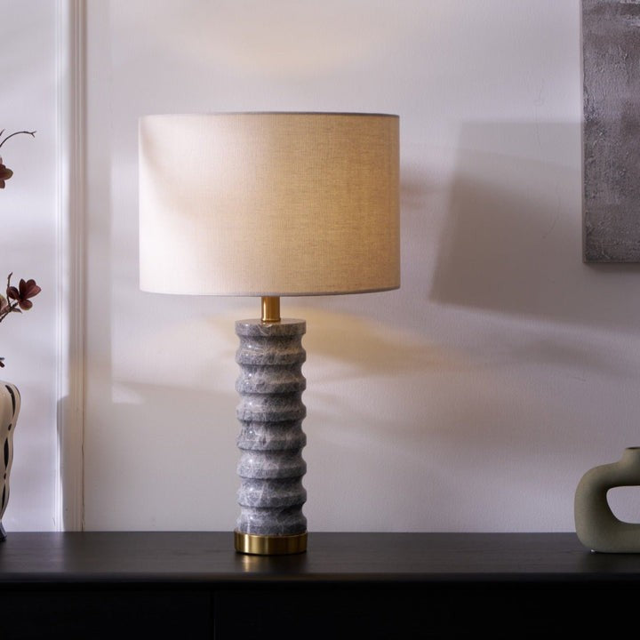 Wave-Textured Marble Table Lamp with Brass Accent