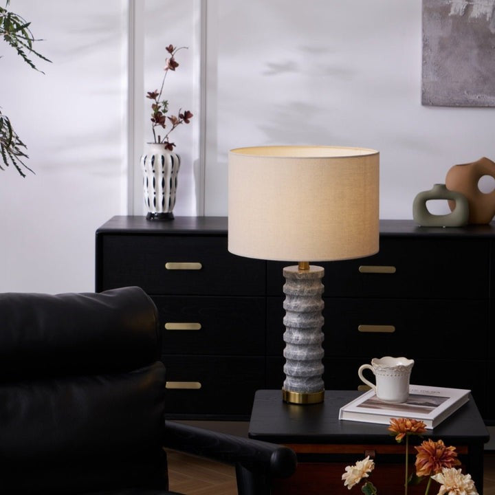 Wave-Textured Marble Table Lamp with Brass Accent