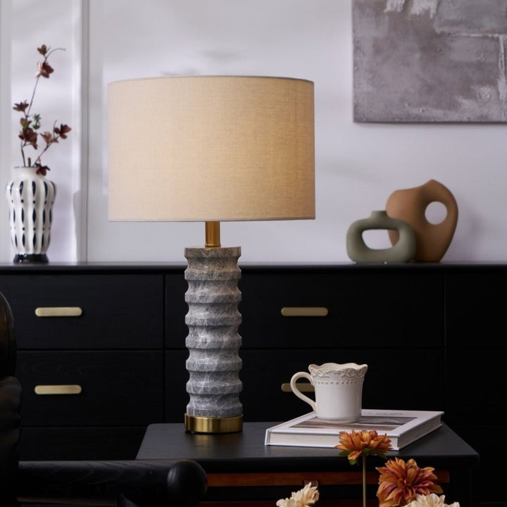 Wave-Textured Marble Table Lamp with Brass Accent