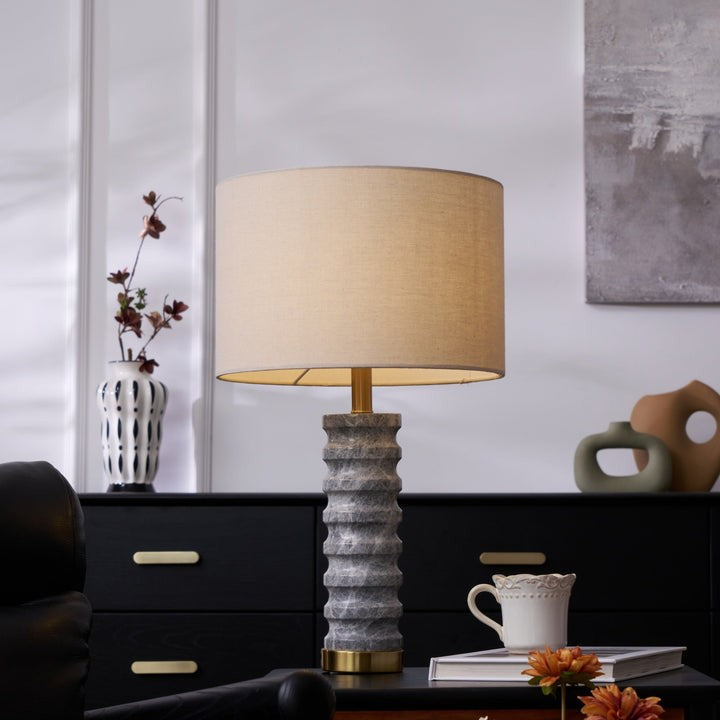 Wave-Textured Marble Table Lamp with Brass Accent