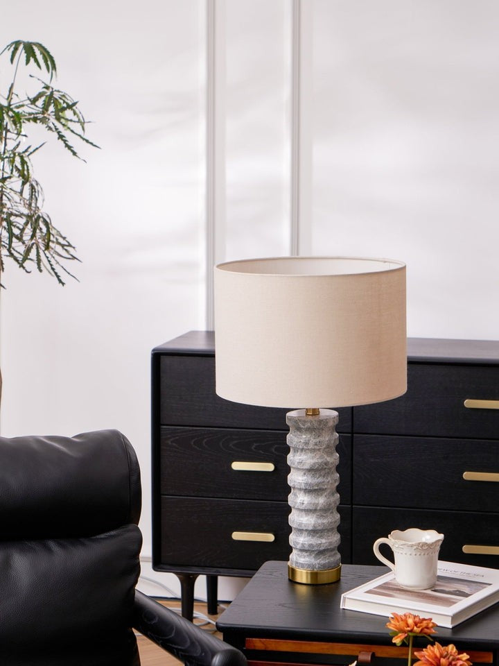 Wave-Textured Marble Table Lamp with Brass Accent