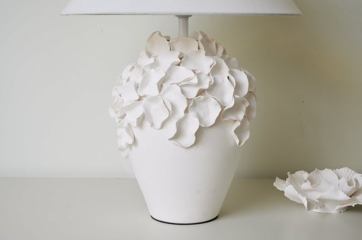 White Ceramic Blossom Table Lamp with Fabric Shade