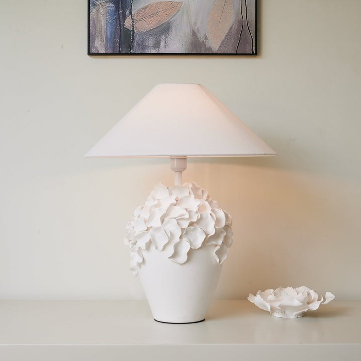 White Ceramic Blossom Table Lamp with Fabric Shade