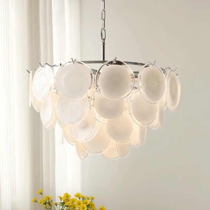 White Glass Disc Chandelier – Modern Pendant Light