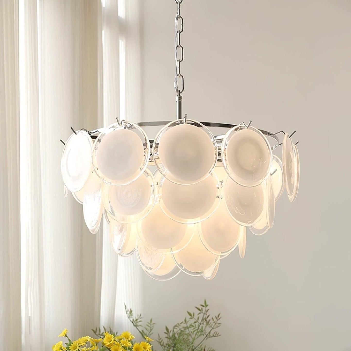 White Glass Disc Chandelier – Modern Pendant Light