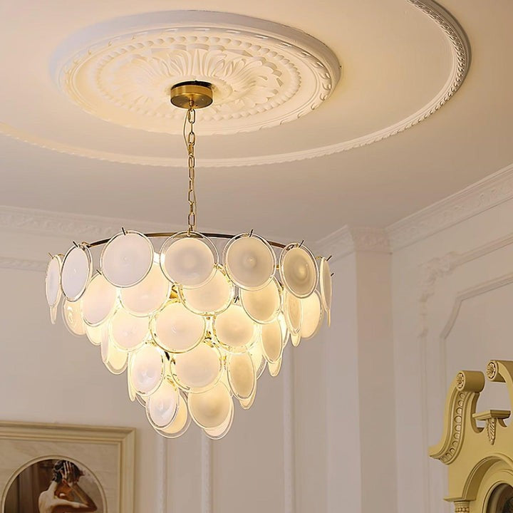 White Glass Disc Chandelier – Modern Pendant Light