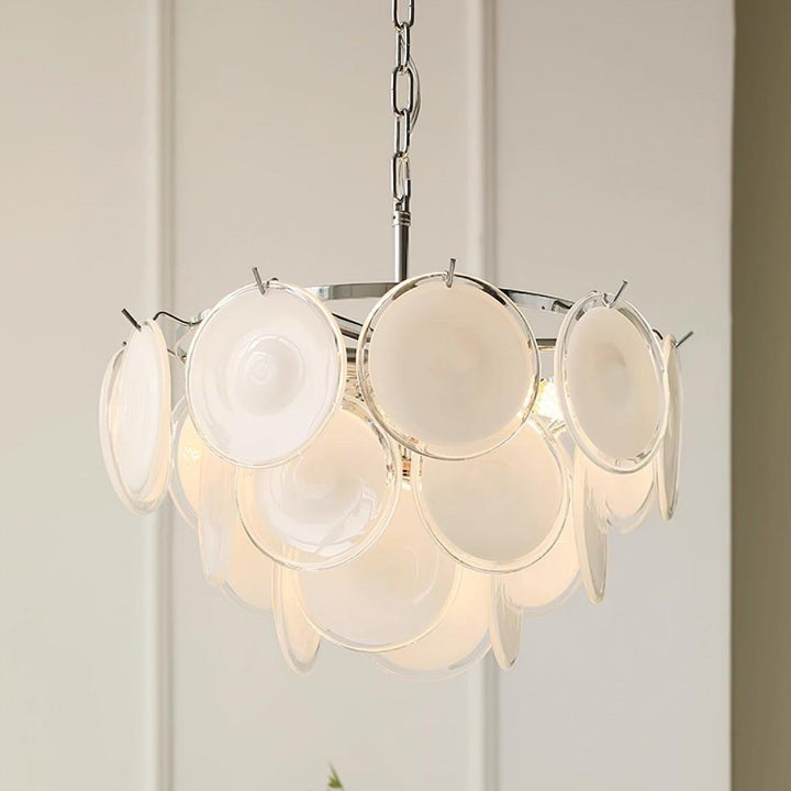 White Glass Disc Chandelier – Modern Pendant Light
