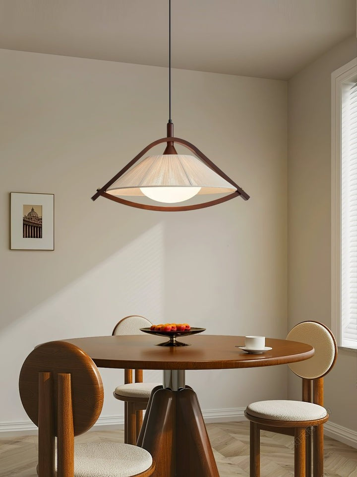 Wooden Arch Pendant Lamp with Fabric Shade and Opal Diffuser