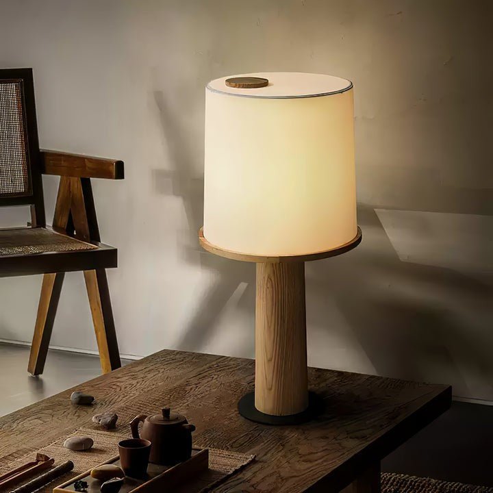 Wooden Table Lamp with Off-White Fabric Shade