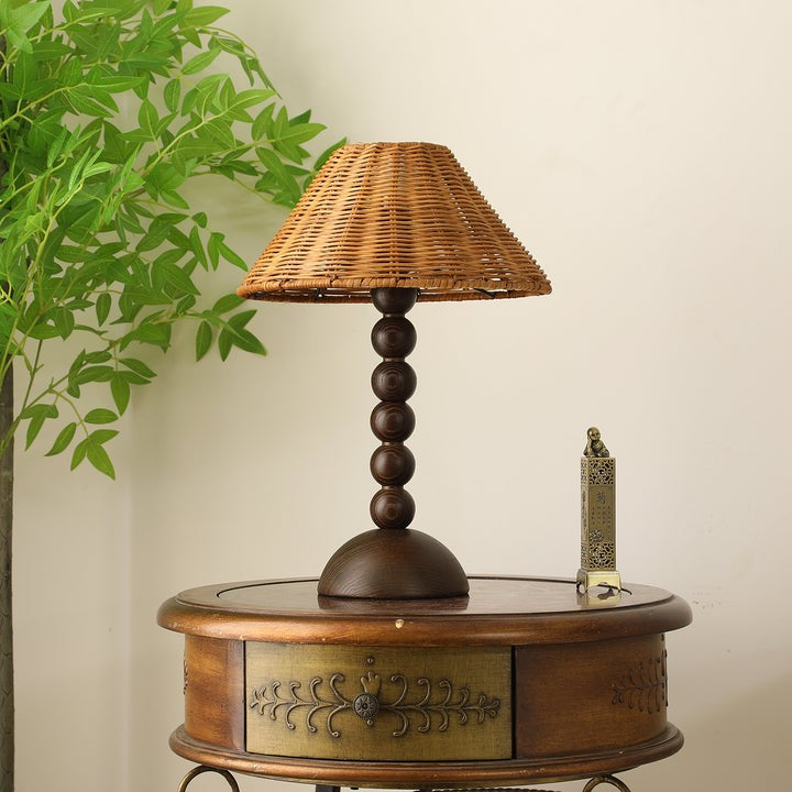 Wooden Table Lamp with Spherical Accents and Rattan Shade