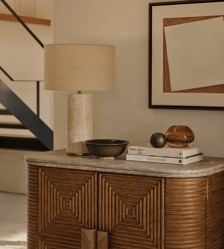 Yellow Travertine Table Lamp with Beige Linen Shade