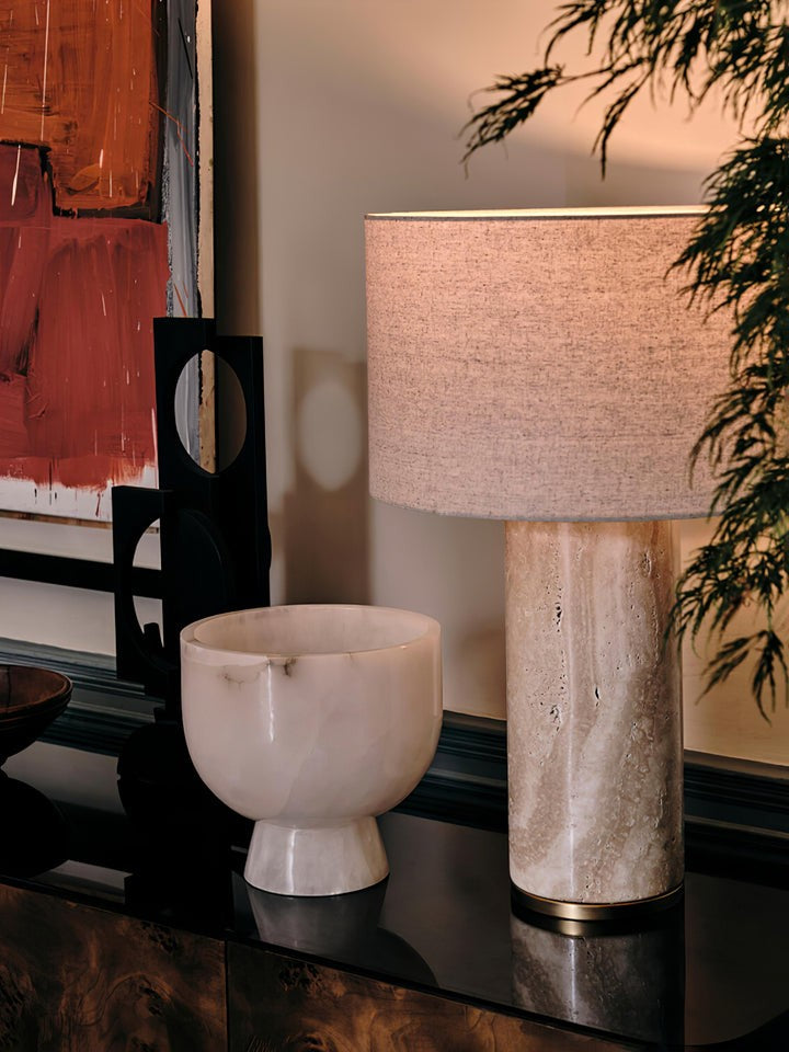 Yellow Travertine Table Lamp with Beige Linen Shade