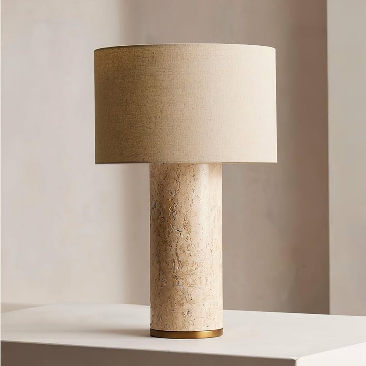 Yellow Travertine Table Lamp with Beige Linen Shade