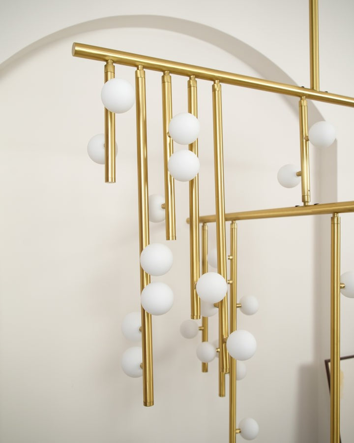 Adjustable Brass and Glass Orb Drop Chandelier