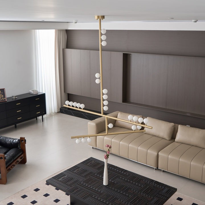 Adjustable Brass and Glass Orb Drop Chandelier