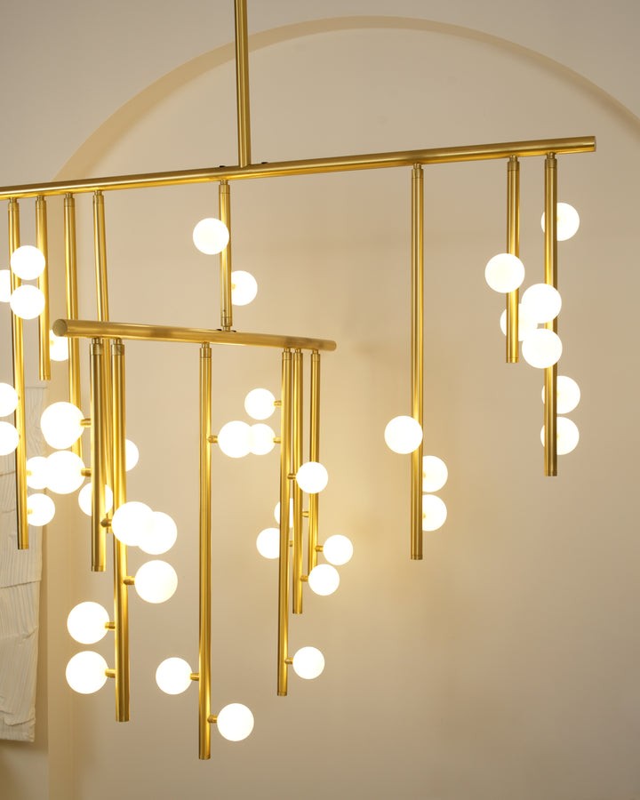 Adjustable Brass and Glass Orb Drop Chandelier