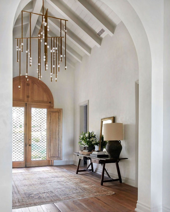 Adjustable Brass and Glass Orb Drop Chandelier