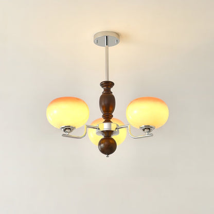 Amber Glass Multi-Arm Chandelier with Walnut Accents