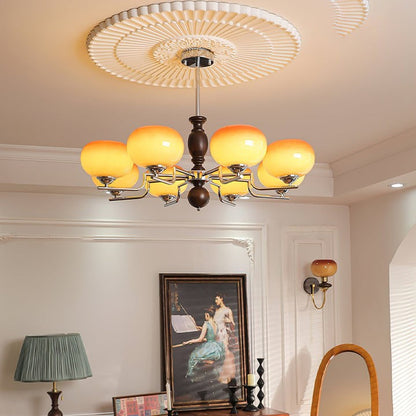 Amber Glass Multi-Arm Chandelier with Walnut Accents