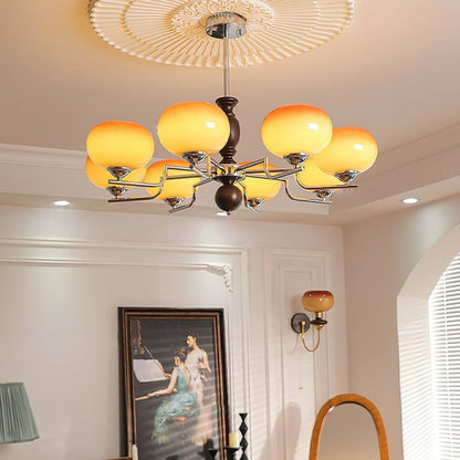 Amber Glass Multi-Arm Chandelier with Walnut Accents