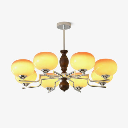 Amber Glass Multi-Arm Chandelier with Walnut Accents