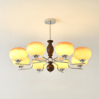Amber Glass Multi-Arm Chandelier with Walnut Accents