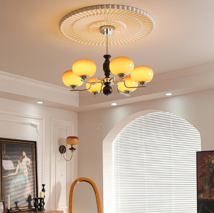 Amber Glass Multi-Arm Chandelier with Walnut Accents