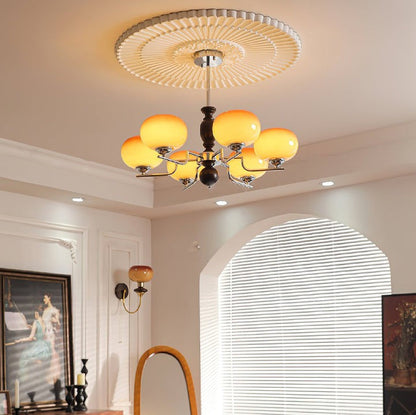 Amber Glass Multi-Arm Chandelier with Walnut Accents