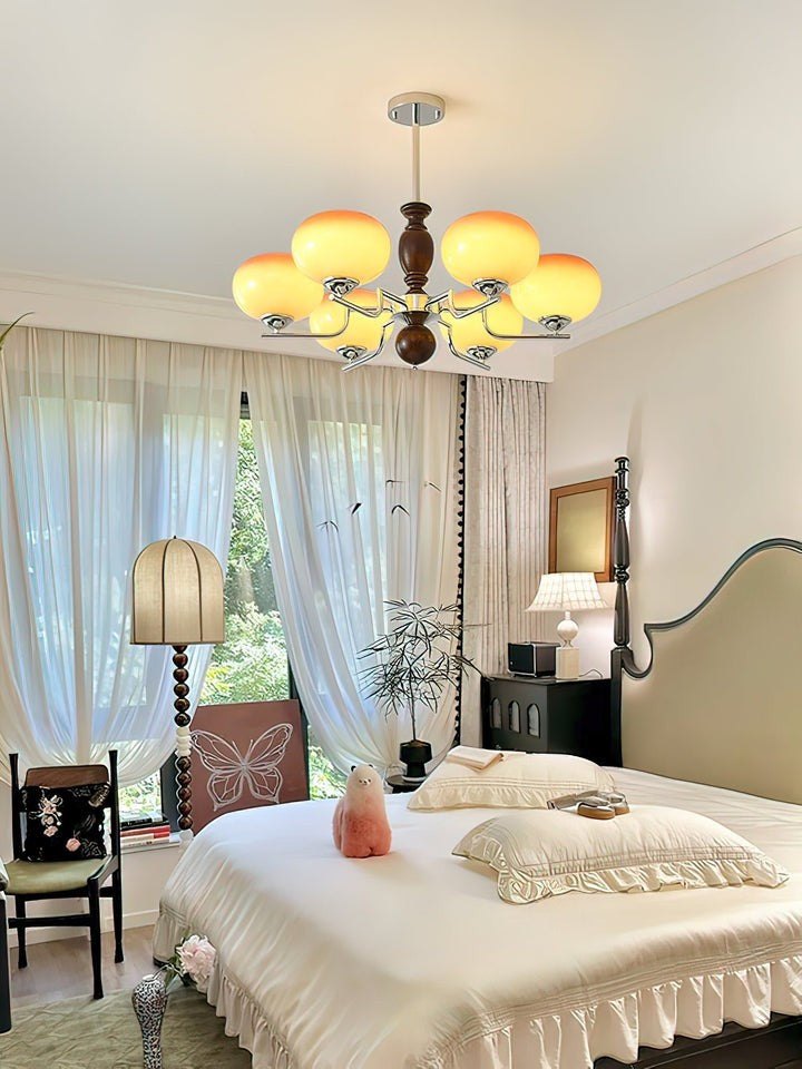 Amber Glass Multi-Arm Chandelier with Walnut Accents