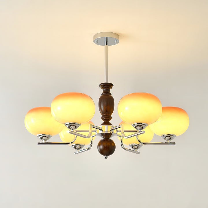 Amber Glass Multi-Arm Chandelier with Walnut Accents