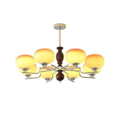 Amber Glass Multi-Arm Chandelier with Walnut Accents
