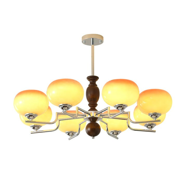 Amber Glass Multi-Arm Chandelier with Walnut Accents